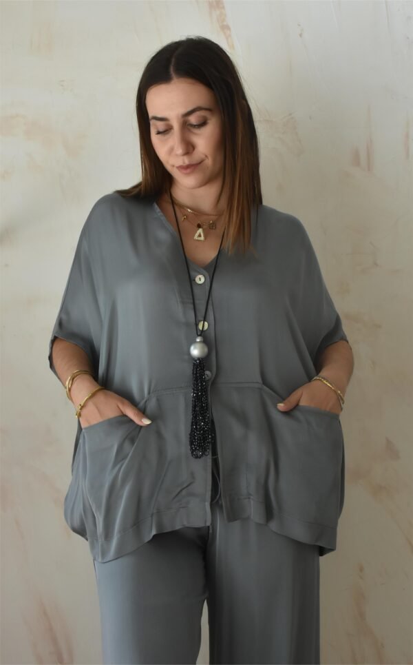 Satin minimal tokyo jacket (silver)/Athina klo μπλούζα με κουμπιά