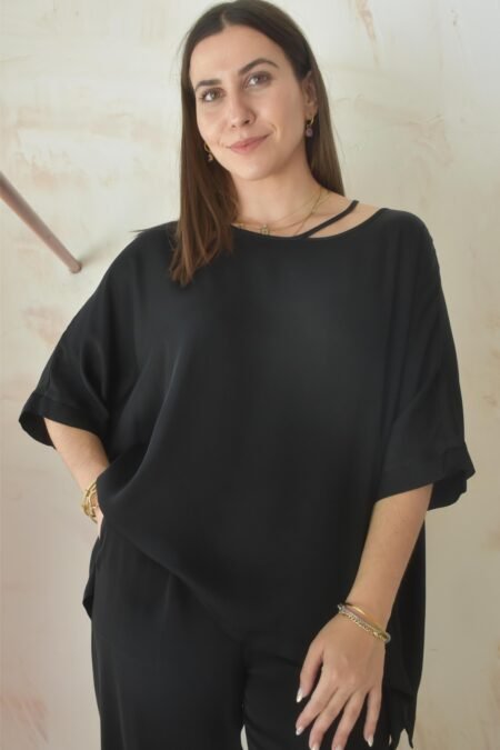 Satin square neck blouse (black)/Athina klo μπλούζα