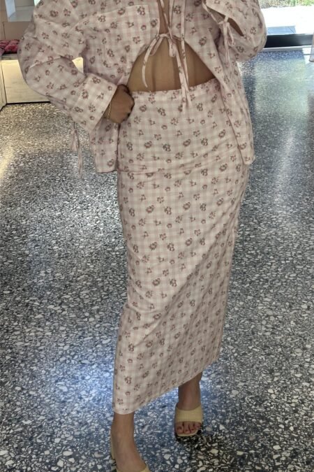 Floral midi skirt (pink roses)/Milk white φούστα