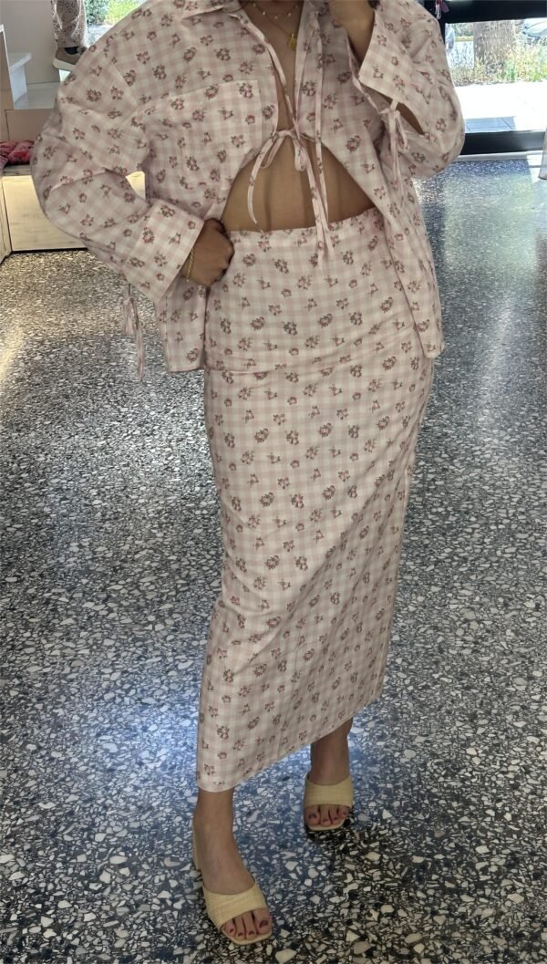 Floral midi skirt (pink roses)/Milk white φούστα
