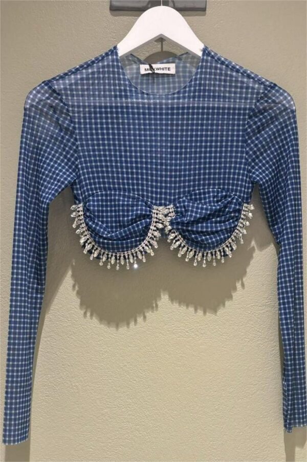 Top with crystals (blue check)/Milk White τοπ