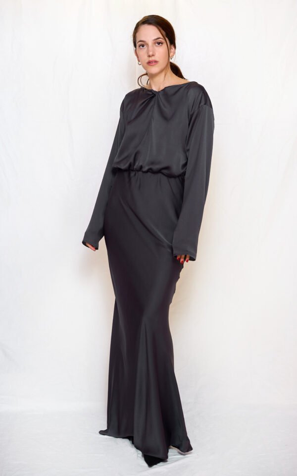 Grey satin long flared dress/ckontova φόρεμα - Image 2