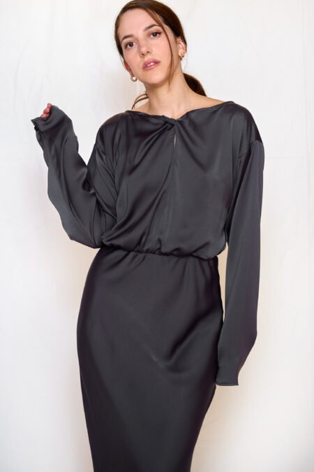 Grey satin long flared dress/ckontova φόρεμα