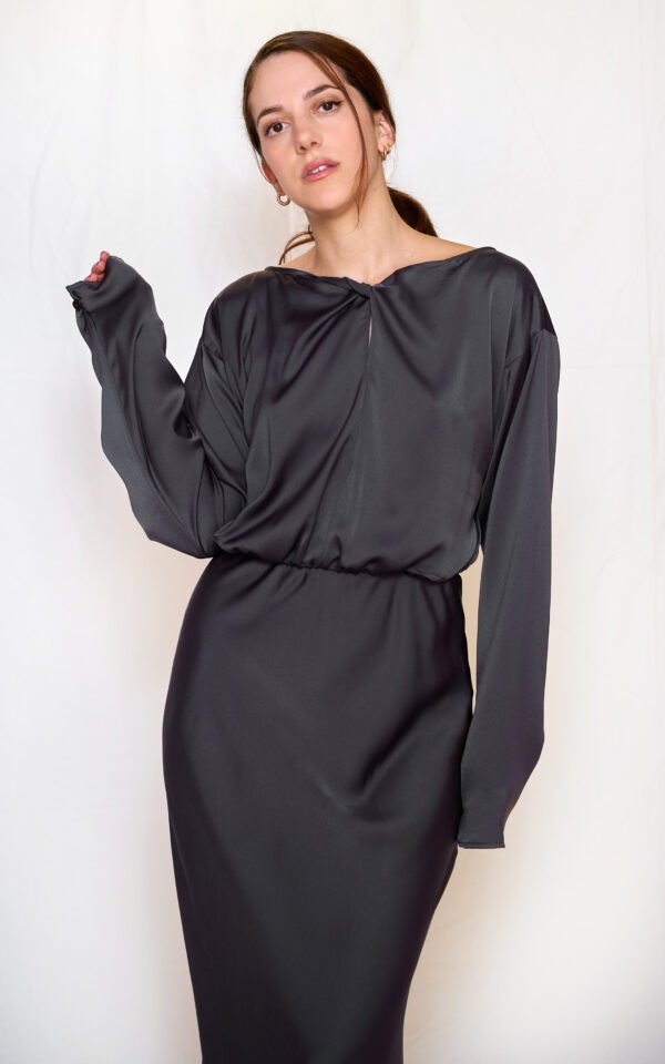 Grey satin long flared dress/ckontova φόρεμα