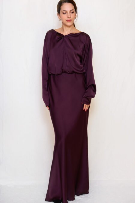 Plum satin long flared dress/ckontova φόρεμα