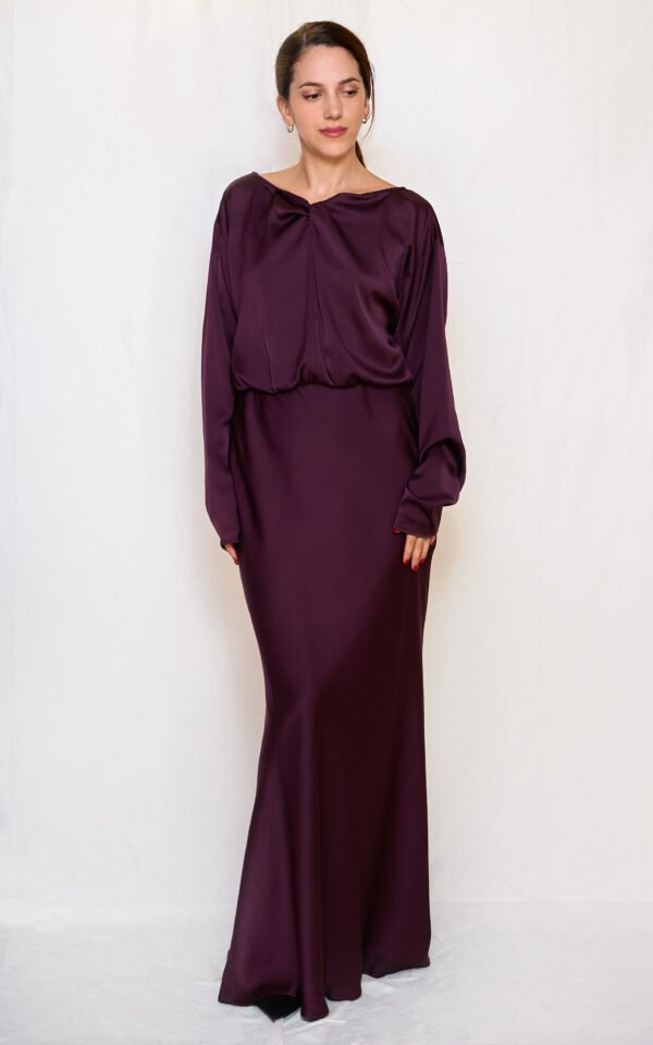 Plum satin long flared dress/ckontova φόρεμα
