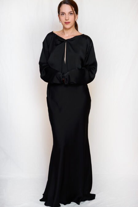 Black satin long flared dress/ckontova φόρεμα