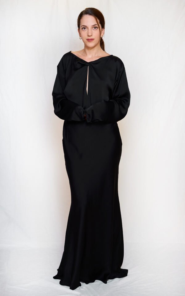 Black satin long flared dress/ckontova φόρεμα