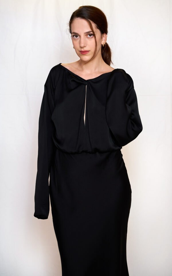 Black satin long flared dress/ckontova φόρεμα - Image 2