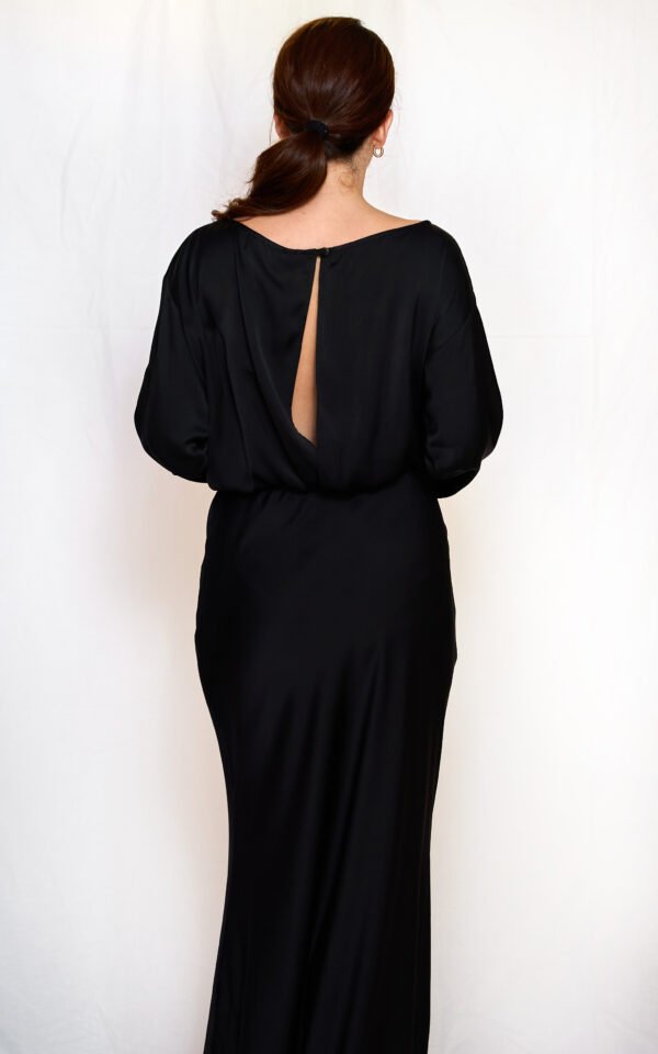 Black satin long flared dress/ckontova φόρεμα - Image 3