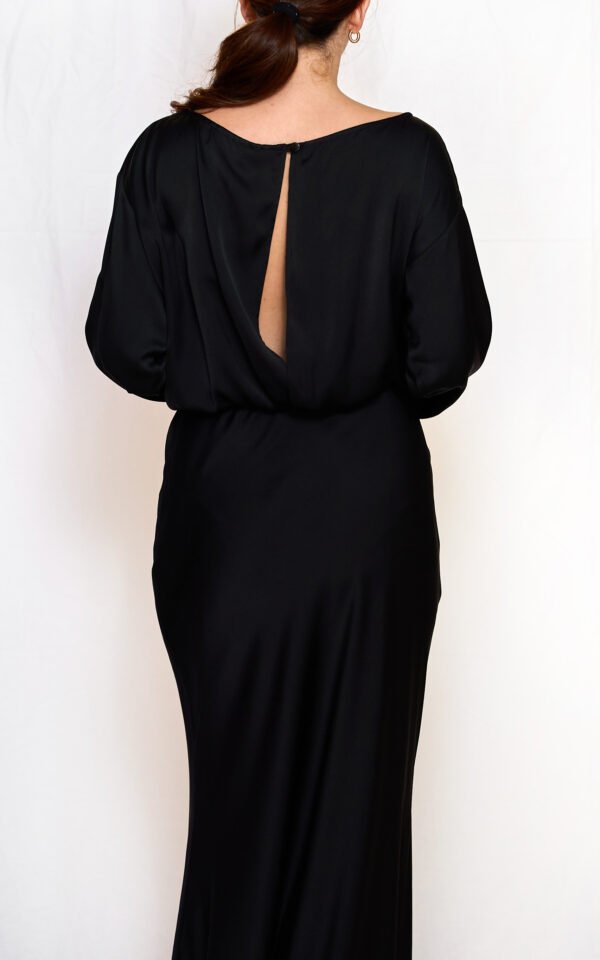 Black satin long flared dress/ckontova φόρεμα - Image 4