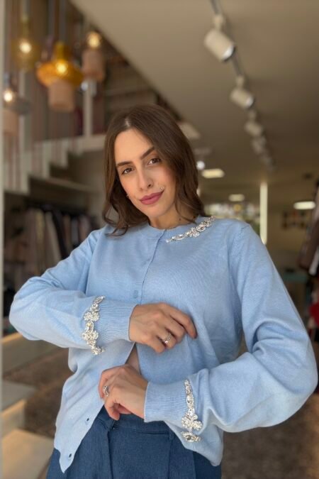 Knitted blouse with decorative crystals (baby blue)/Milkwhite μπλούζα