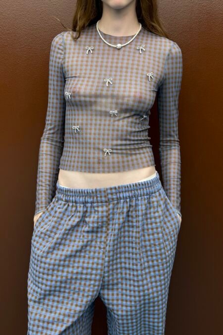 Τransparent top with crystal bows (blue-brown)/Milkwhite μπλούζα