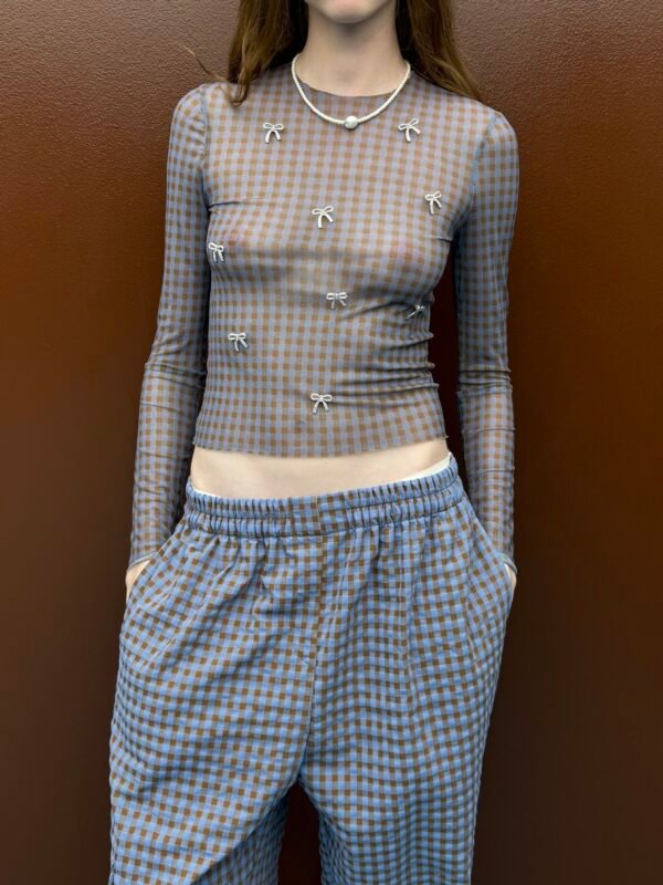 Τransparent top with crystal bows (blue-brown)/Milkwhite μπλούζα