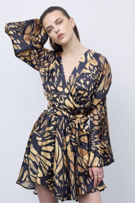 Butterfly mosaic wrap mini dress