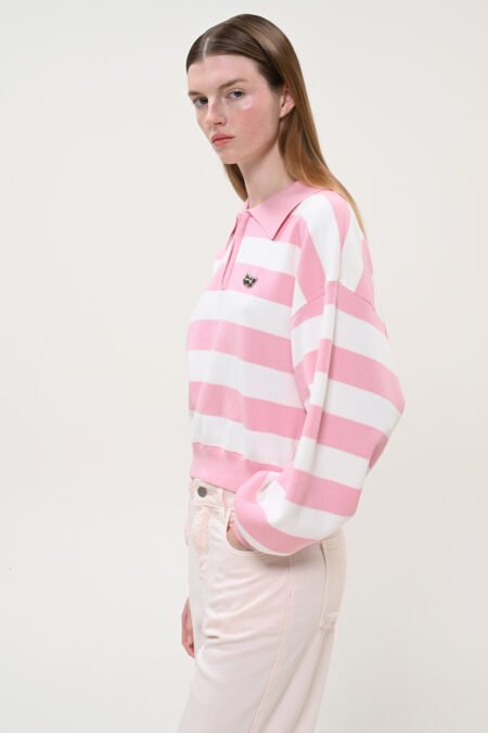 Striped half-zip polo sweater (pink)/Boom μπλούζα