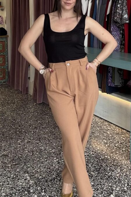 Pants with rhinestone button camel/Milk White παντελόνι