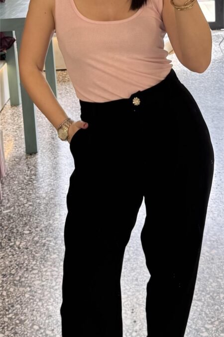 Pants with rhinestone button black/Milk White παντελόνι