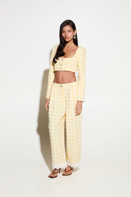 Signature pants with lace detail yellow vichy/Milk White παντελόνι