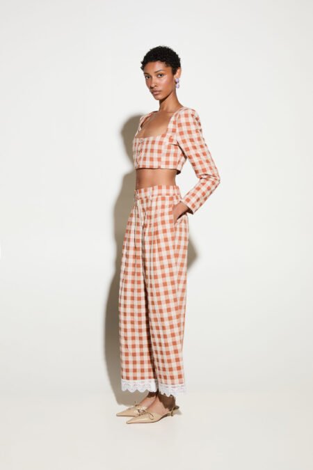 Signature pants with lace detail brown vichy/Milk White παντελόνι