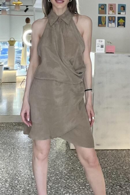 Khaki wrap collar mini dress/CKontova φόρεμα