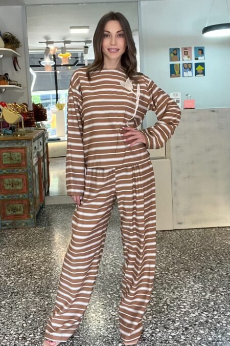 Pants with brown stripes/Milk White παντελόνι