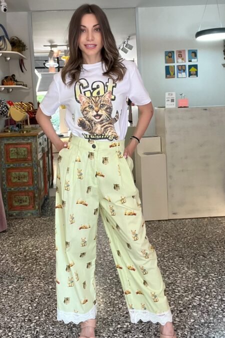 Pants cats print mint/Milk White παντελόνι