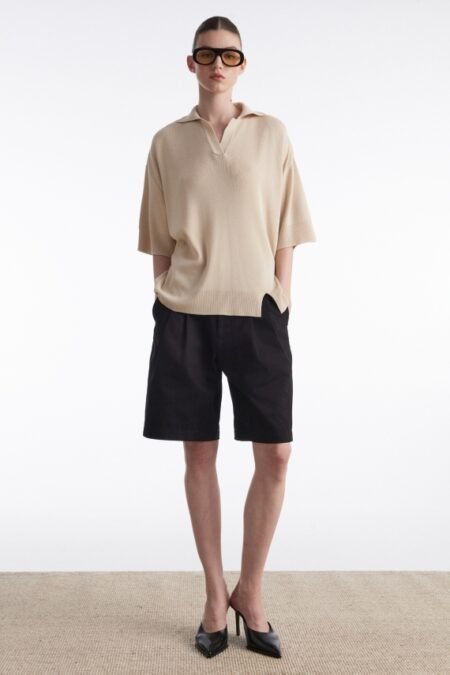 Fine line knitted polo shirt beige/Nadia Rapti τοπ